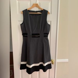 Calvin Klein Dress: Gray/Black/White Colorblock Dress Sleeveless A-Line Belt 14